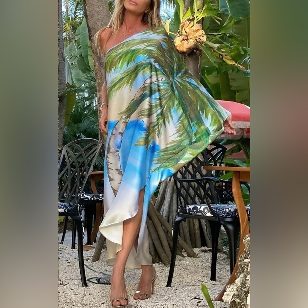 Elegant Palm Beach Tree One Shoulder Sleeve Midi Dress Swimsuit Coverup